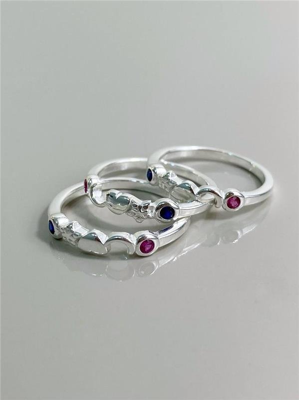 ANEL LUA/CORAÇÃO/ESTRELA COM DETALHES EM ZIRCÔNIA COLOR, PRATA 925