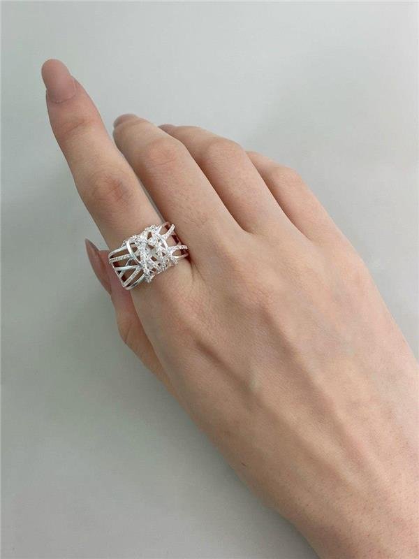 ANEL LARGO FIO ENTRELAÇADO C/DETALHE LISO E ZIRCÔNIA