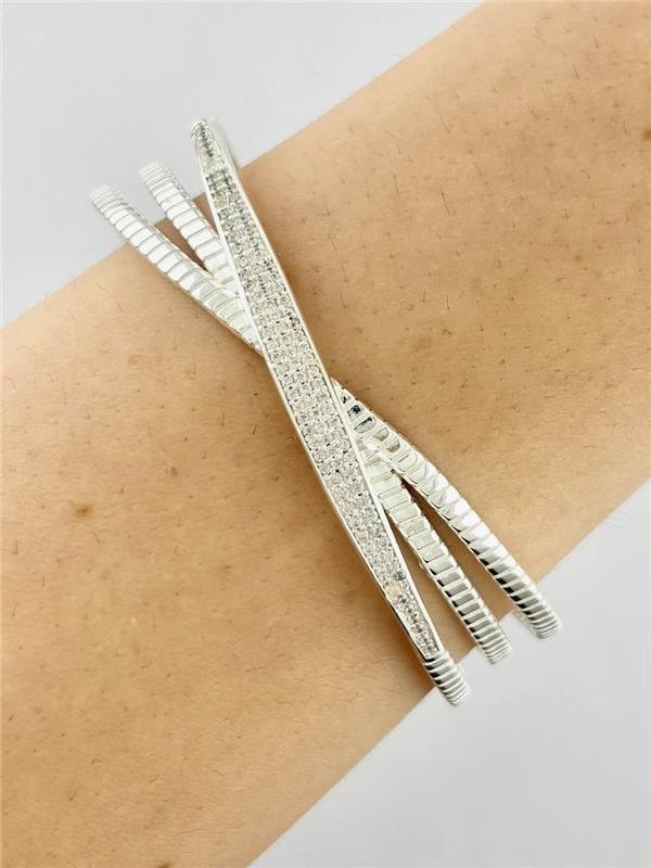 BRACELETE EM X RÍGIDO FIO TEXTURA E COM ZIRCÔNIA