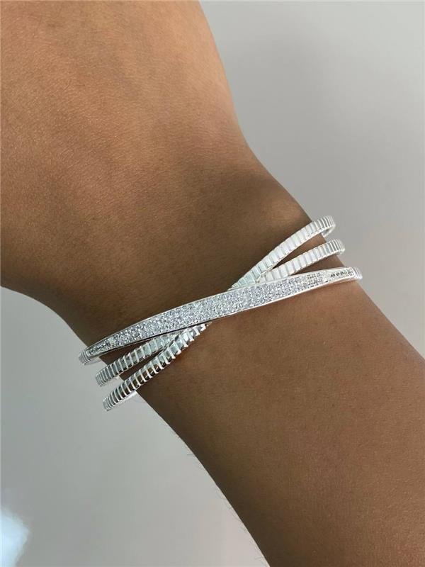 BRACELETE EM X RÍGIDO FIO TEXTURA E COM ZIRCÔNIA