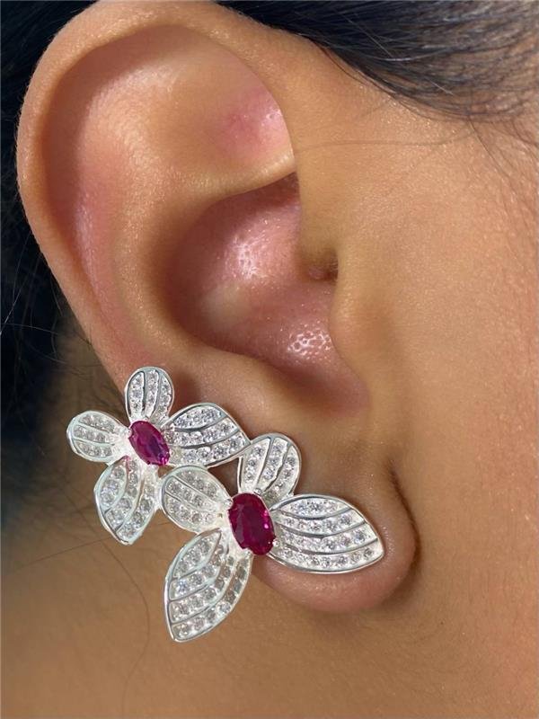 BRINCO BORBOLETA DUPLA CRISTAL E RUBI