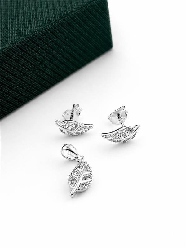 CONJUNTO BRINCO+PINGENTE FOLHA C/ZIRCÔNIA
