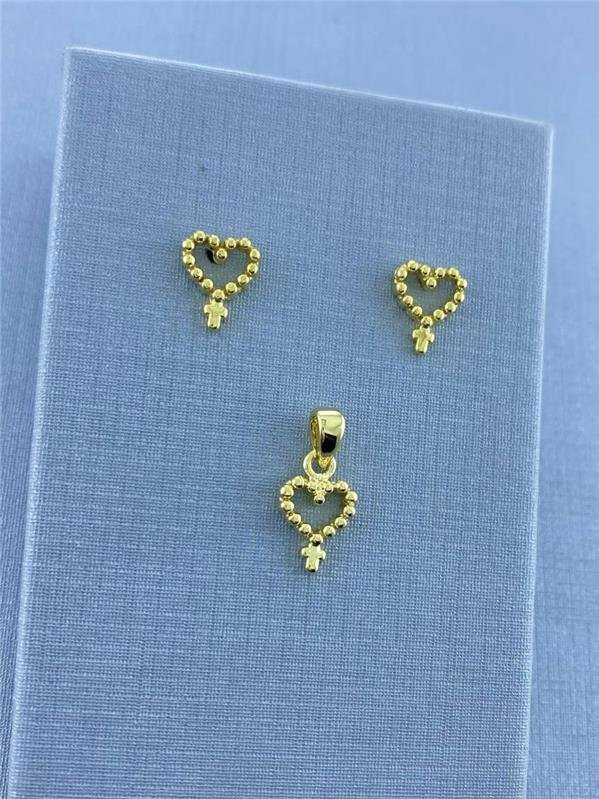 CONJUNTO BRINCO+PINGENTE CORAÇÃO TERÇO