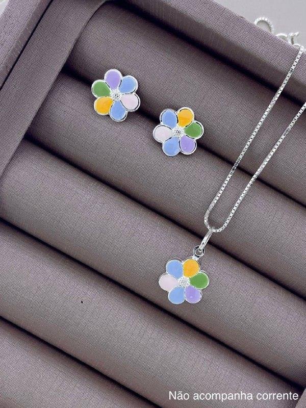 CONJUNTO BRINCO+PINGENTE MARGARIDA COLORIDA