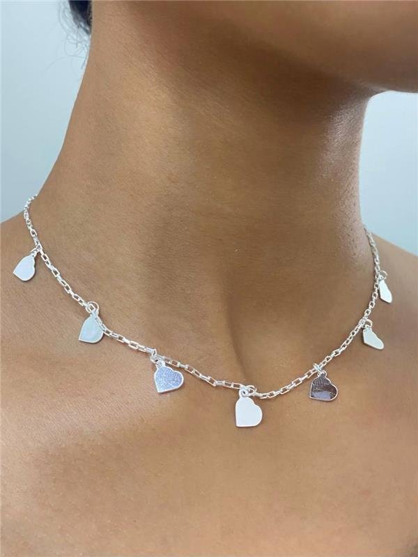 CHOKER ELO TIJOLINHO PINGENTE CORAÇÃO 35CM+5CM EXTENSOR