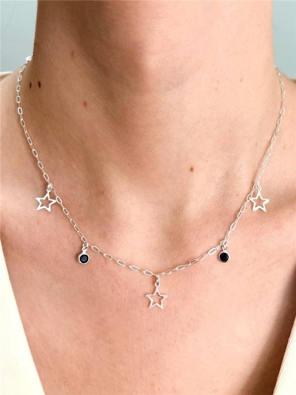 COLAR PINGENTE ESTRELA E PONTO LUZ REDONDO 40CM+5CM EXTENSOR